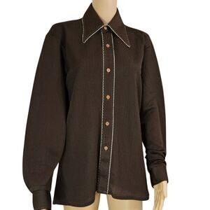 1970s Dress Shirt Brown White Embroidered Wingtip Disco Collar Long Sleeve SZ 15